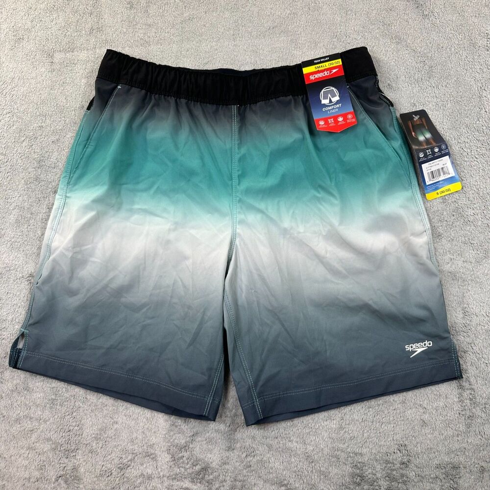 Speedo Men's Swim Trunks Board Shorts Ombré Fade Green Gray 9" Inseam NWT Small
